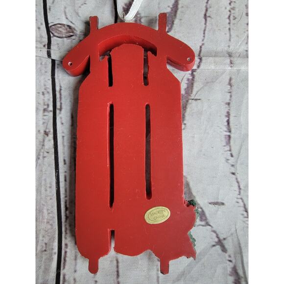 Vintage Red Sled Christmas Ornament Pinecone Holly Rustic Holiday Decor - Picture 4 of 4